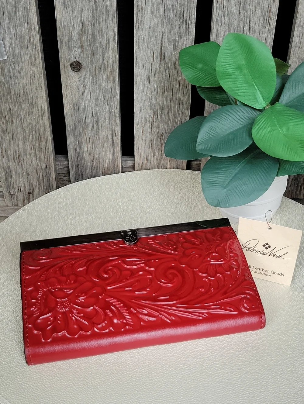 Patricia Nash Red Floral Cauchy Tool Embossed Leather Clutch